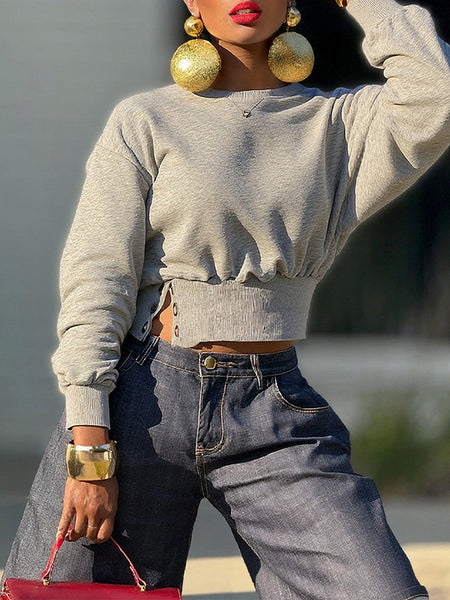 Solid Button-Waist Sweatshirt
