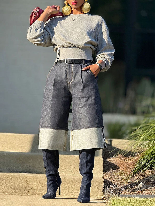 Solid Button-Waist Sweatshirt