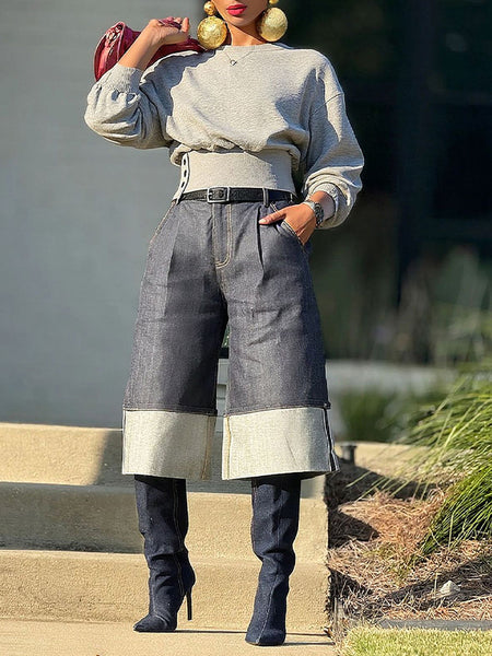 Solid Button-Waist Sweatshirt