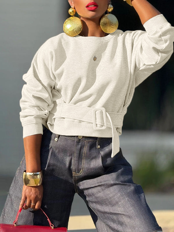Solid Belt-Waist Sweatshirt
