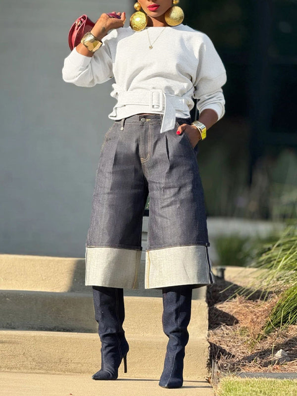 Solid Belt-Waist Sweatshirt