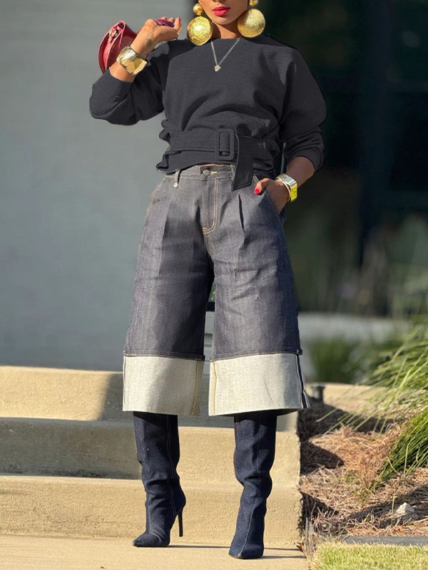 Solid Belt-Waist Sweatshirt