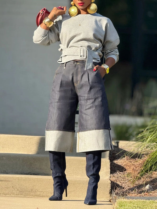 Solid Belt-Waist Sweatshirt
