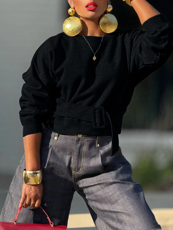 Solid Belt-Waist Sweatshirt