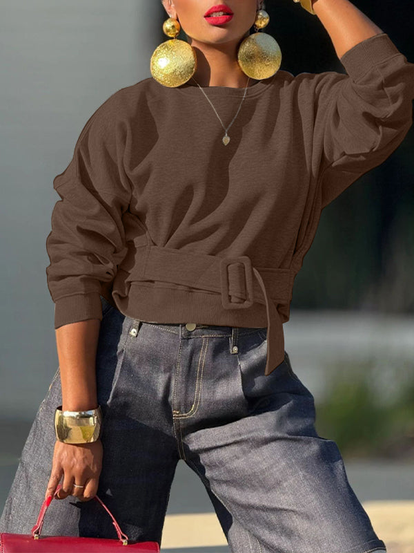 Solid Belt-Waist Sweatshirt