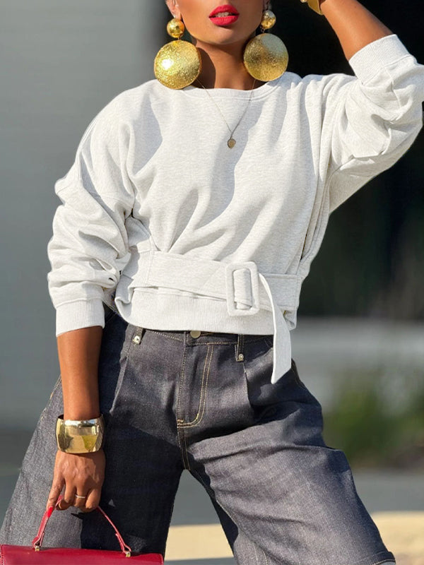 Solid Belt-Waist Sweatshirt