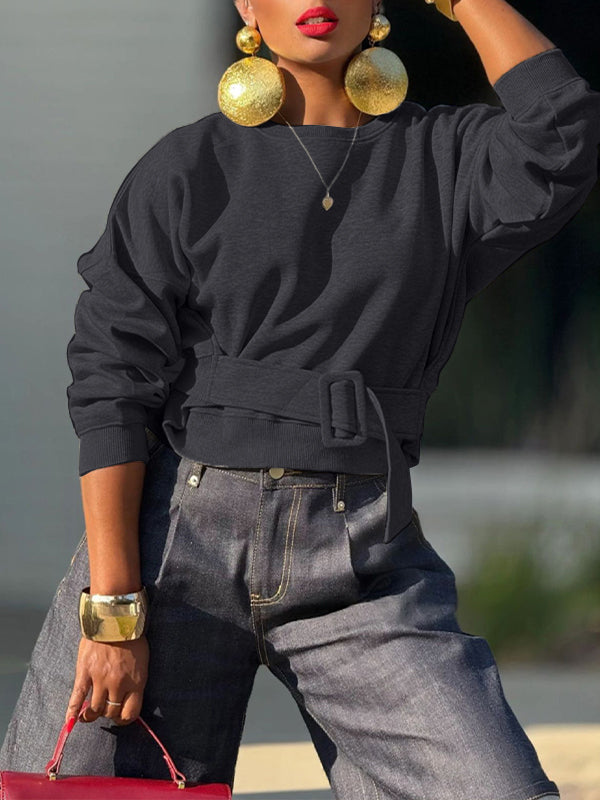 Solid Belt-Waist Sweatshirt