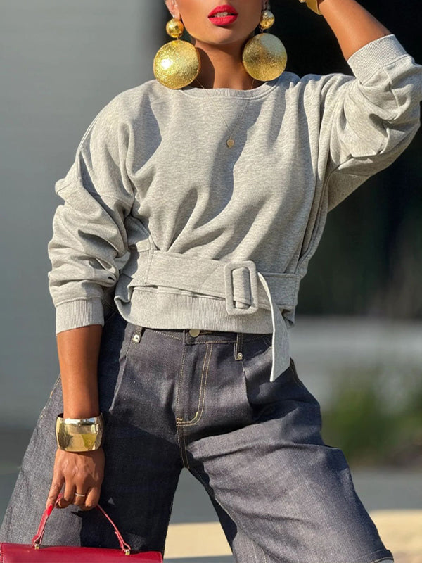 Solid Belt-Waist Sweatshirt