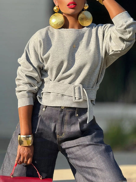 Solid Belt-Waist Sweatshirt