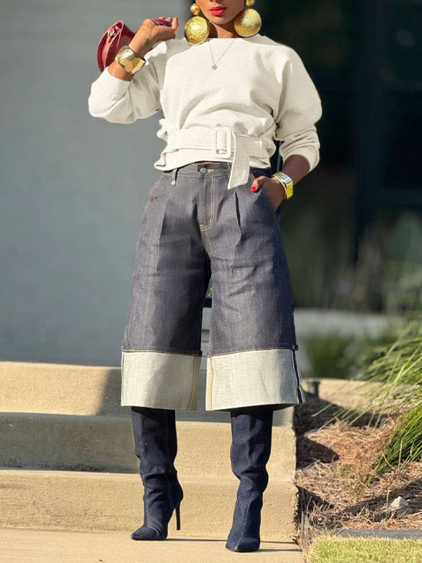 Solid Belt-Waist Sweatshirt