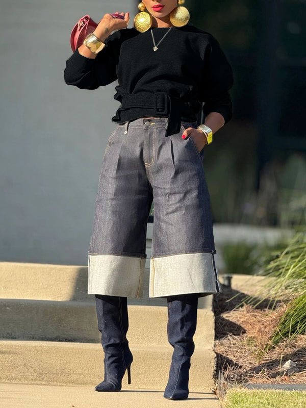 Solid Belt-Waist Sweatshirt