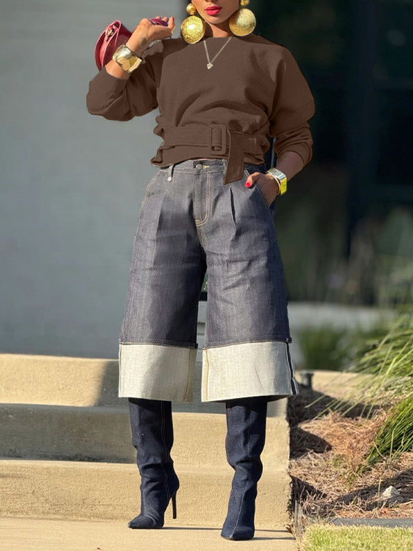 Solid Belt-Waist Sweatshirt
