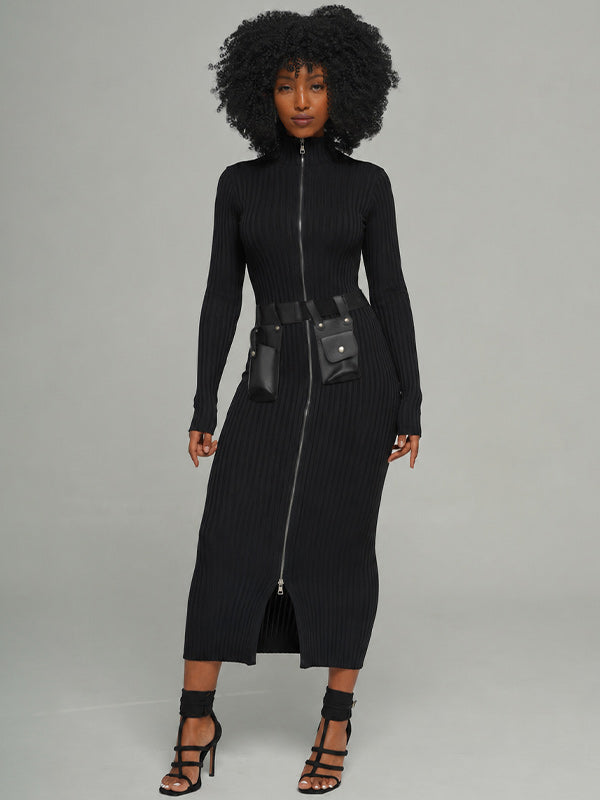 Zip-Front Ribbed Dress