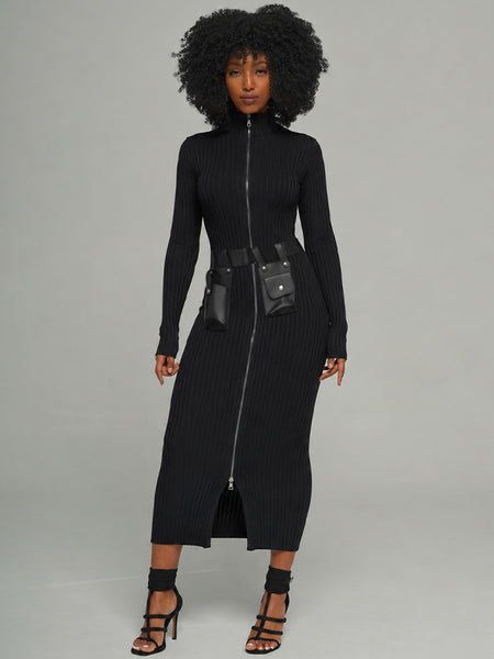 Zip-Front Ribbed Dress