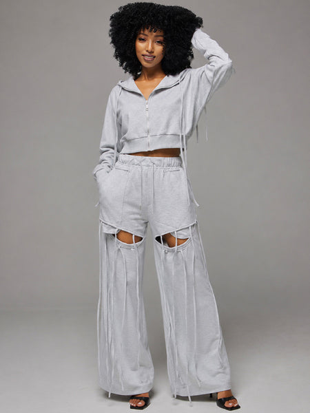 Zip-Front Hoodie & Wide-Leg Cutout Pants Set