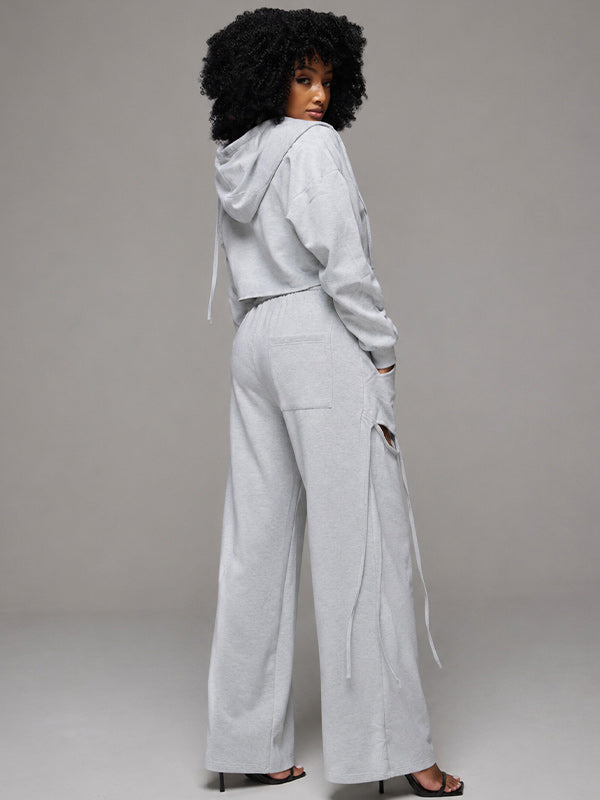 Zip-Front Hoodie & Wide-Leg Cutout Pants Set