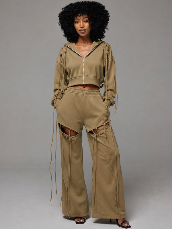 Zip-Front Hoodie & Wide-Leg Cutout Pants Set