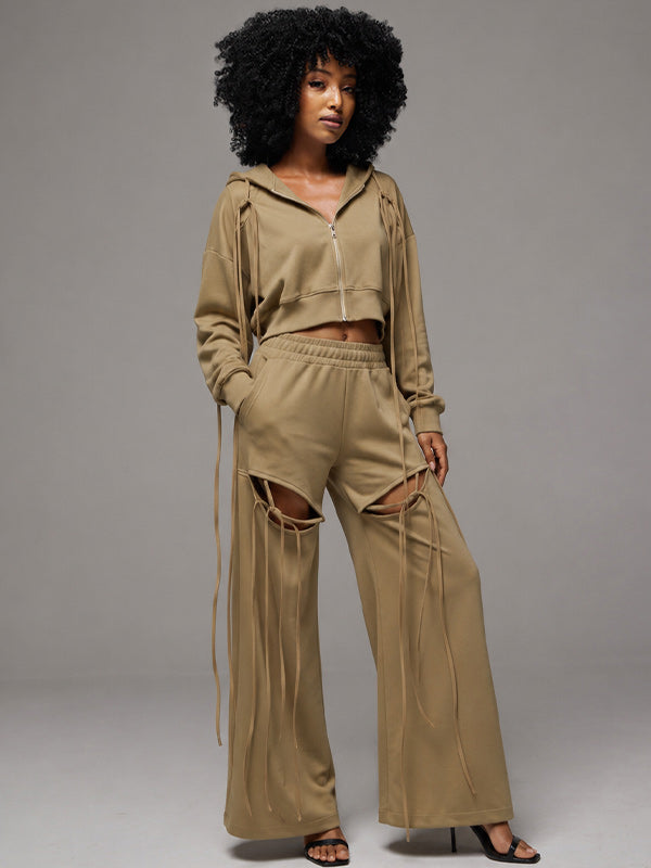 Zip-Front Hoodie & Wide-Leg Cutout Pants Set