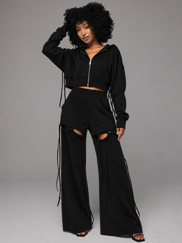 Zip-Front Hoodie & Wide-Leg Cutout Pants Set
