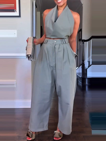 Solid Halter Top & Pants Set