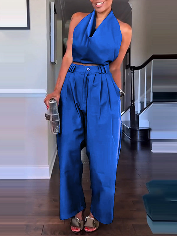 Solid Halter Top & Pants Set