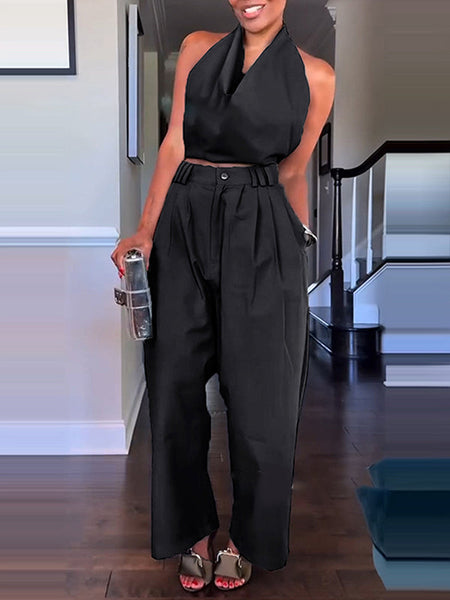 Solid Halter Top & Pants Set