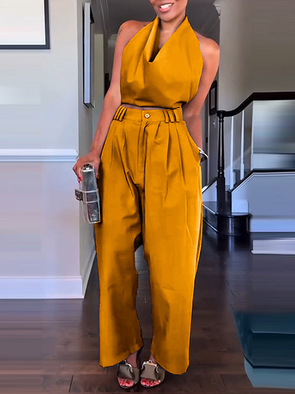 Solid Halter Top & Pants Set