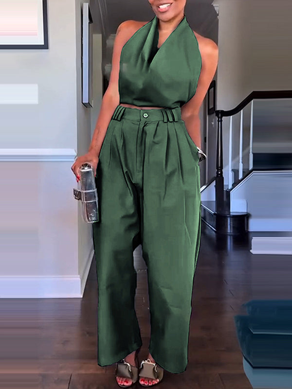 Solid Halter Top & Pants Set