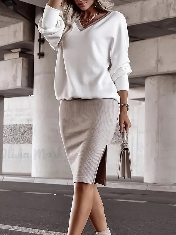 V-Neck Sweatshirt & Slit Skirt Set