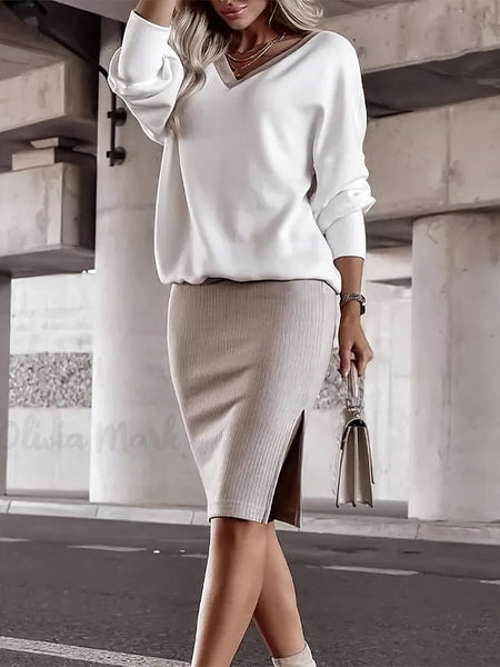 V-Neck Sweatshirt & Slit Skirt Set