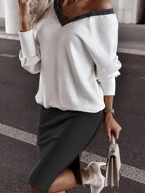 V-Neck Sweatshirt & Slit Skirt Set