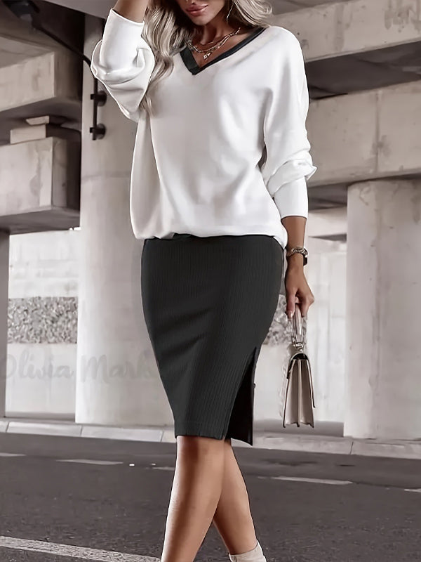 V-Neck Sweatshirt & Slit Skirt Set