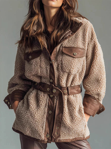 Faux-Leather Tied Shearling Jacket