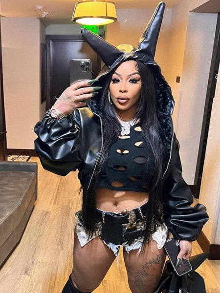 Faux-Leather Hooded Jacket