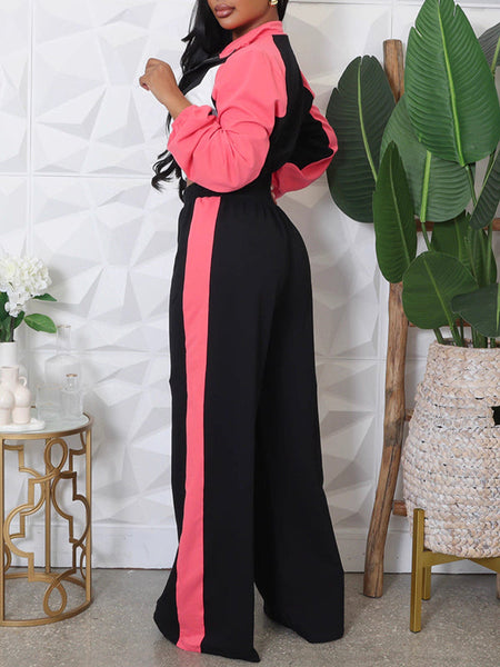 Colorblock Zip-Front Jacket & Wide-Leg Pants Set