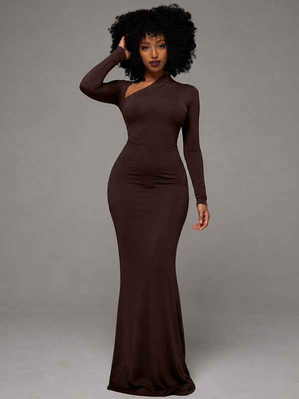 Asymmetric-Neck Maxi Dress