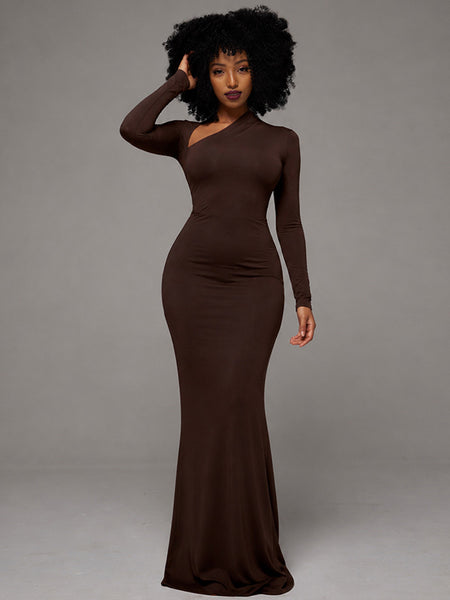 Asymmetric-Neck Maxi Dress