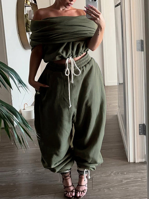 Off-Shoulder Drawstring Top & Pants Set
