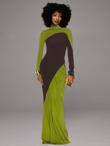 Two-Tone Ruched Maxi Dress