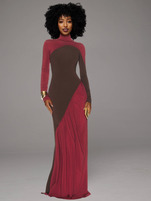 Two-Tone Ruched Maxi Dress
