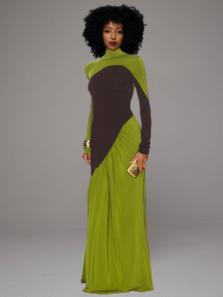 Two-Tone Ruched Maxi Dress
