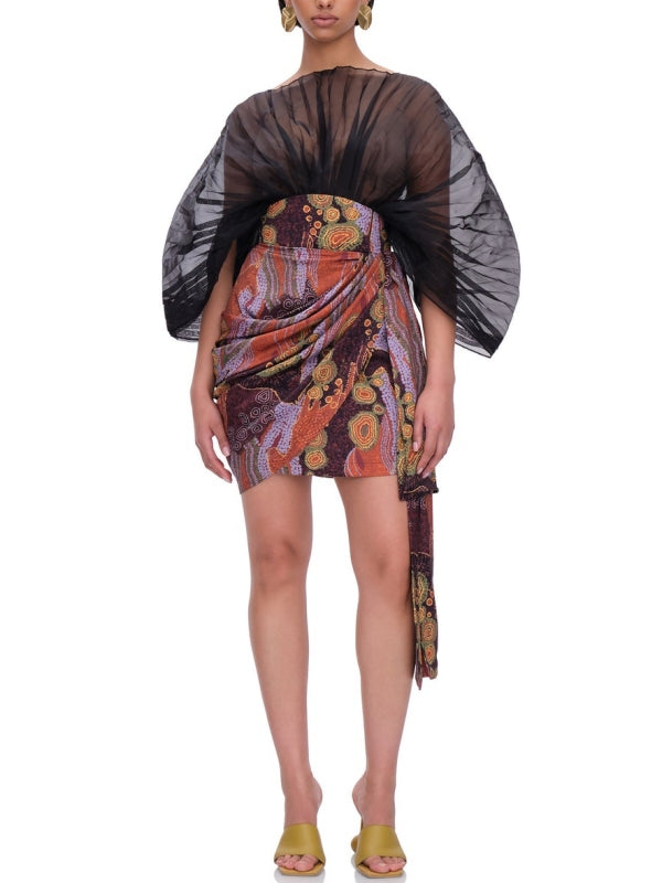 Sheer-Combo Batwing-Sleeve Bodysuit