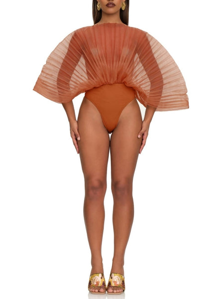 Sheer-Combo Batwing-Sleeve Bodysuit