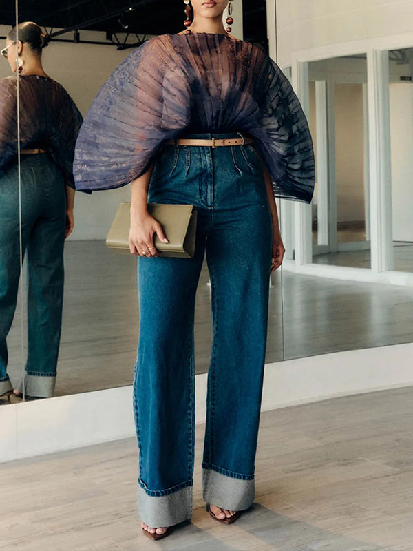 Sheer-Combo Batwing-Sleeve Bodysuit