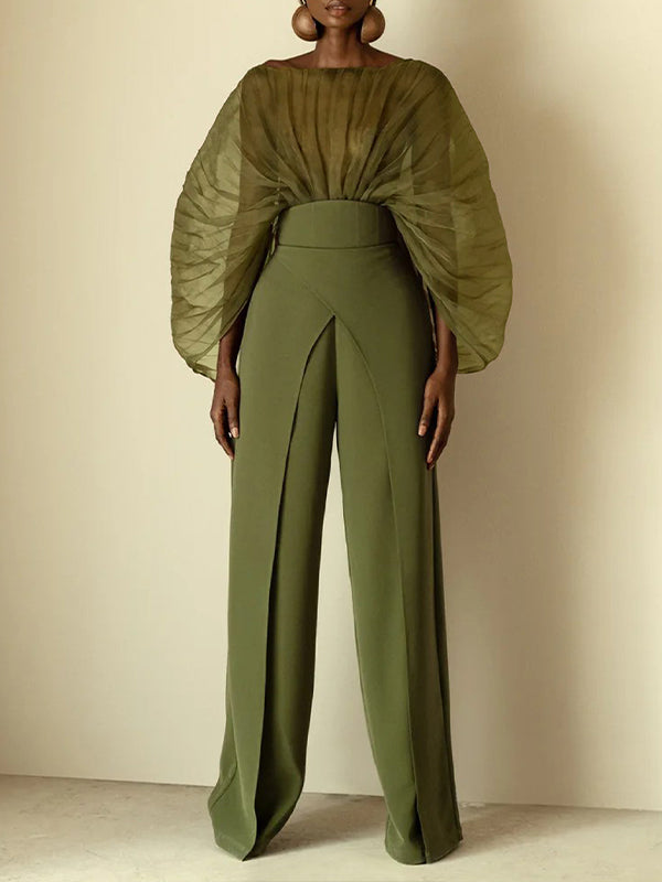 Sheer-Combo Batwing-Sleeve Bodysuit