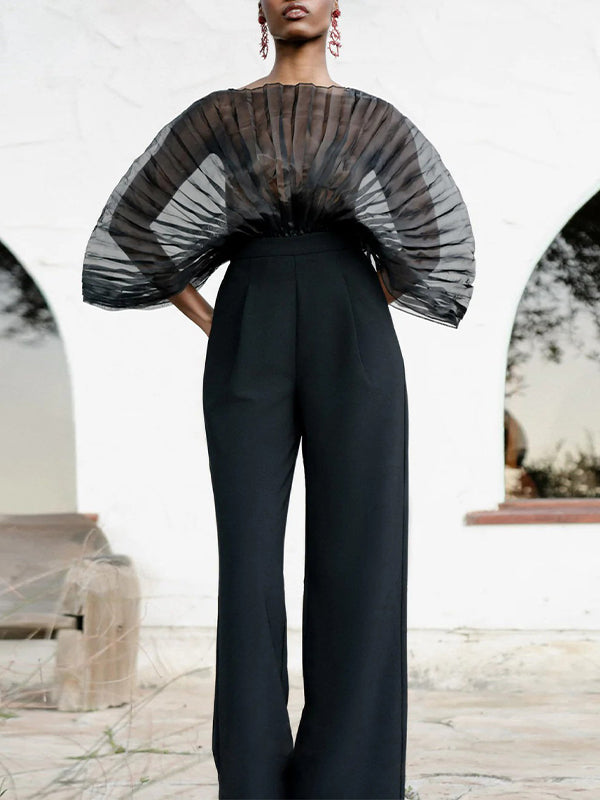 Sheer-Combo Batwing-Sleeve Bodysuit