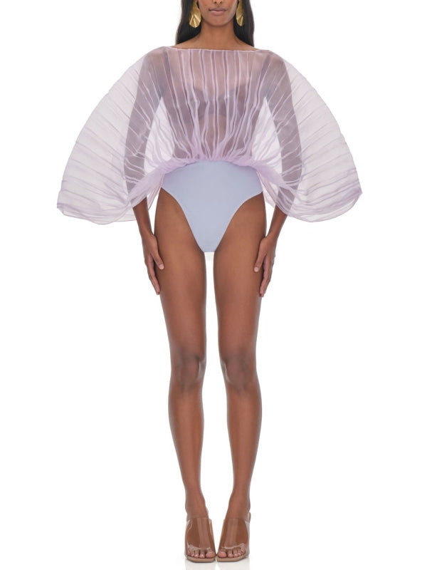 Sheer-Combo Batwing-Sleeve Bodysuit