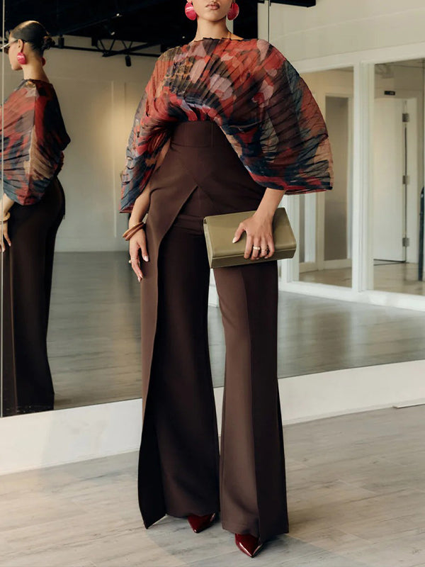 Printed Sheer-Combo Batwing-Sleeve Bodysuit