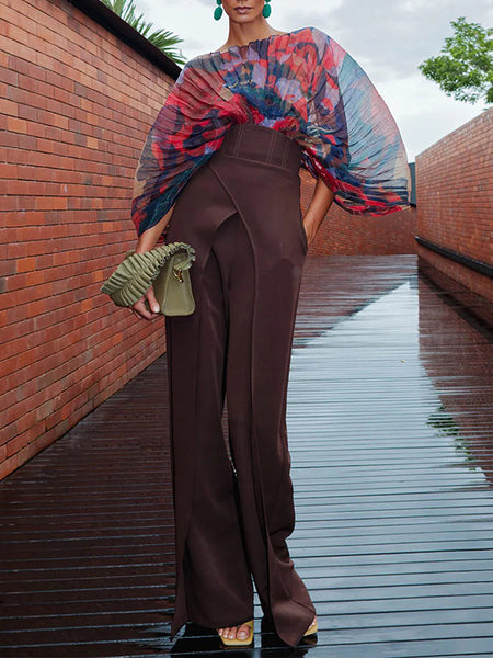 Printed Sheer-Combo Batwing-Sleeve Bodysuit