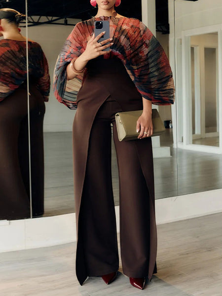 Printed Sheer-Combo Batwing-Sleeve Bodysuit